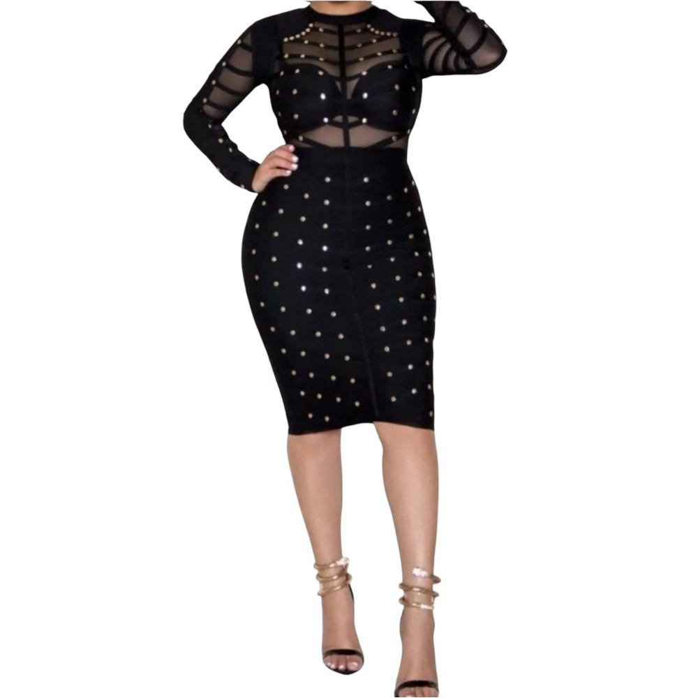 NWT Jainmy Martinez Gracie Studded Long Sleeve Mesh Bandage Dress